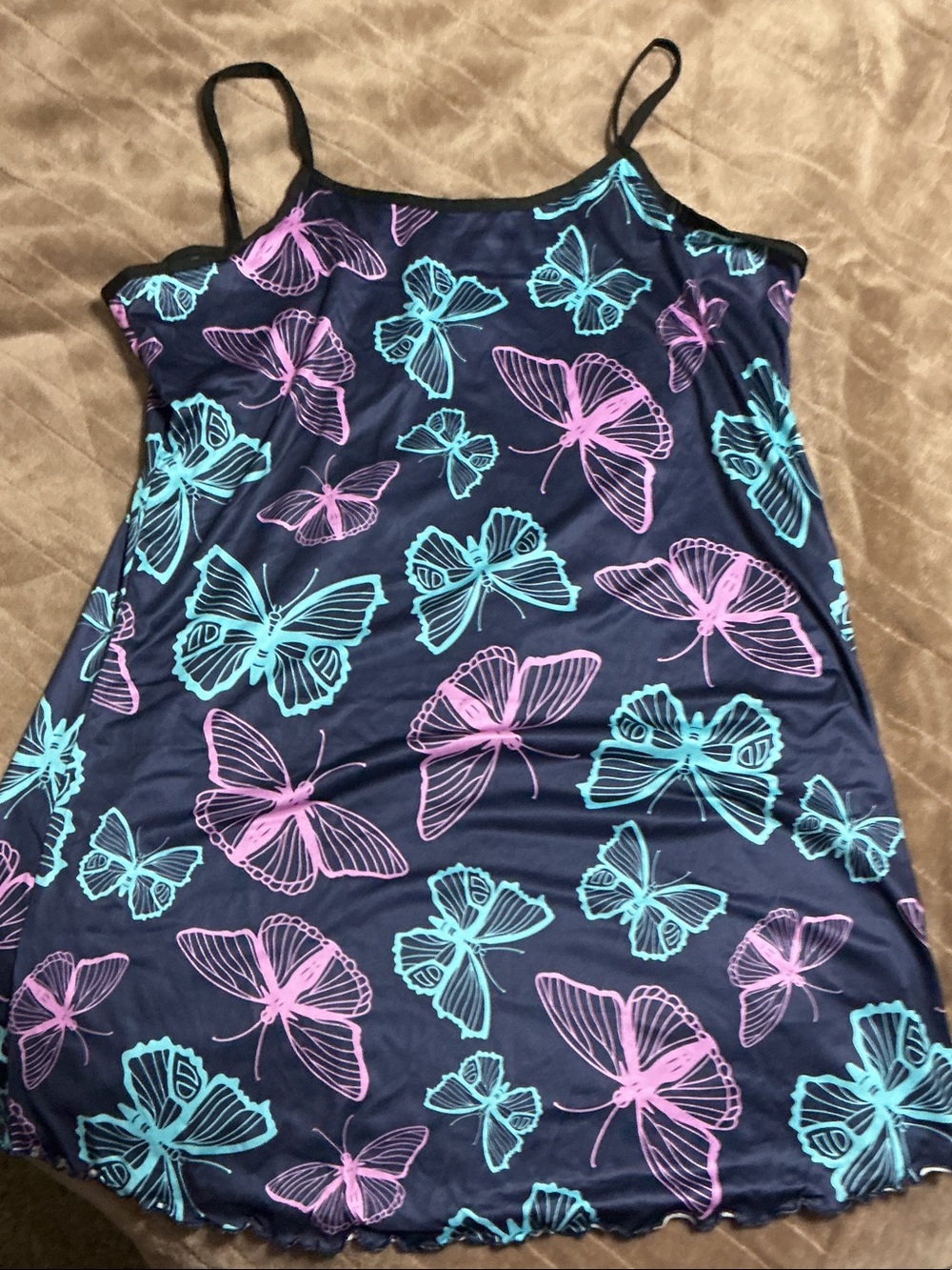 Navy Butterfly Print Slip Dress with Teal & Pink Motifs